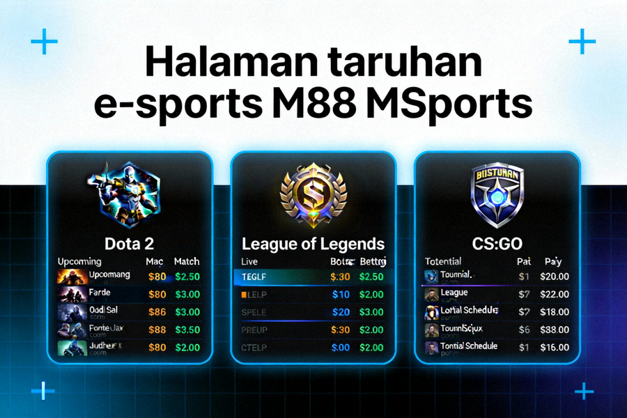 Halaman taruhan e-sports M88 MSports untuk game populer seperti Dota 2, League of Legends, dan CS:GO